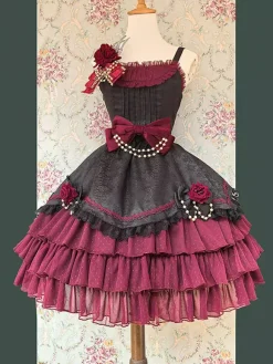 Classical Gothic Lolita Dress Bows Sleeveless Color Block Burgundy Jumper Dresses