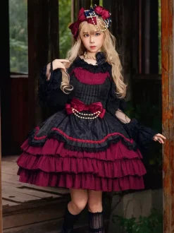 Classical Gothic Lolita Dress Bows Sleeveless Color Block Burgundy Jumper Dresses