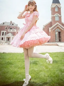 Classical Lolita Dress Layered Ruffles Lolita Dress Short Sleeves Lolita Op Dress With Bows