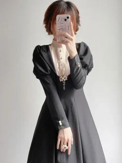 Classical Lolita Dress Lolita Puppet Polyester Ruffles Long Sleeves Classic Black Dress