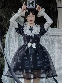 Classical Lolita Dress Polyester Short Sleeves butterfly Pattern Lolita Dresses Gothic Black