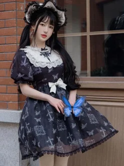 Classical Lolita Dress Polyester Short Sleeves butterfly Pattern Lolita Dresses Gothic Black