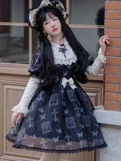 Classical Lolita Dress Polyester Short Sleeves butterfly Pattern Lolita Dresses Gothic Black