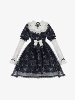 Classical Lolita Dress Polyester Short Sleeves butterfly Pattern Lolita Dresses Gothic Black