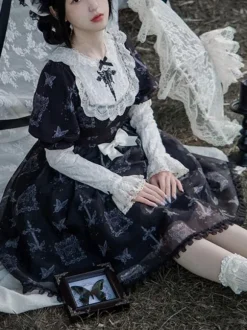 Classical Lolita Dress Polyester Short Sleeves butterfly Pattern Lolita Dresses Gothic Black
