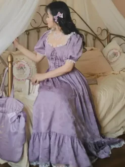 Classical Lolita Dress Polyester Short Sleeves Jacquard Lolita Dresses Classic Purple