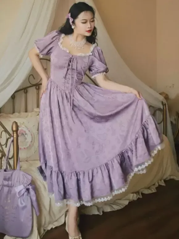 Classical Lolita Dress Polyester Short Sleeves Jacquard Lolita Dresses Classic Purple