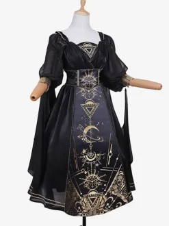 Classical Lolita Dress Polyester Long Sleeves Lolita Dresses Black Gold