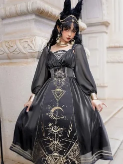 Classical Lolita Dress Polyester Long Sleeves Lolita Dresses Black Gold