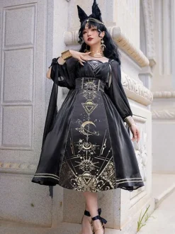 Classical Lolita Dress Polyester Long Sleeves Lolita Dresses Black Gold
