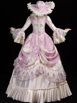 Classical Lolita Dress Polyester Long Sleeves Lolita Dresses Floral Print Classic Pink
