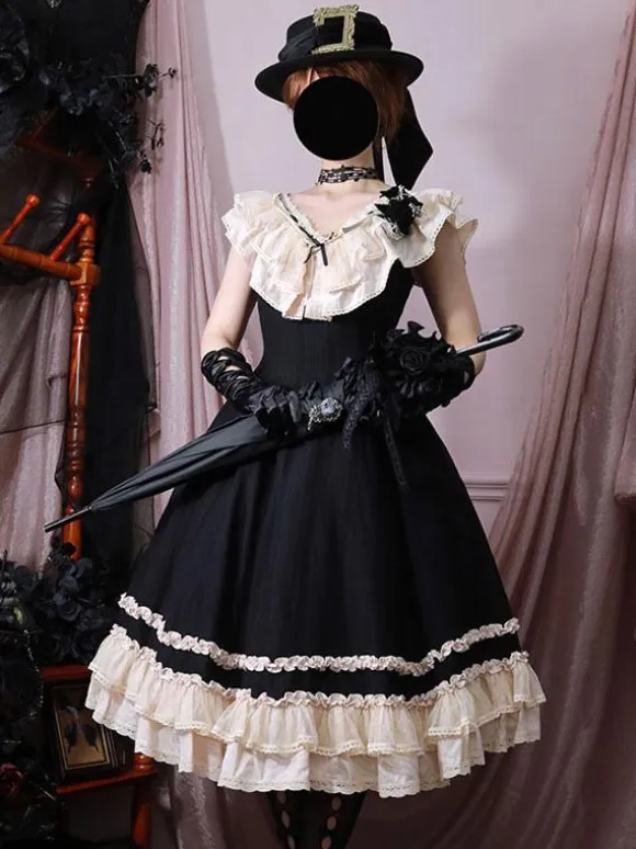 Classical Lolita Dress Polyester Sleeveless Lace Lolita Dresses Classic Black
