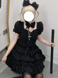 Classical Lolita Dress Polyester Short Sleeves Lolita Dresses Classic Black