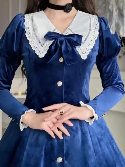 Classical Lolita Dress Velour Short Sleeves Color Block Lolita Dresses Classic Deep Blue