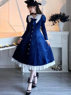 Classical Lolita Dress Velour Short Sleeves Color Block Lolita Dresses Classic Deep Blue