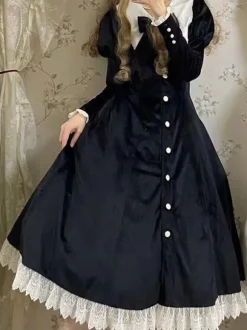 Classical Lolita Dress Velour Short Sleeves Color Block Lolita Dresses Classic Deep Blue
