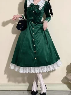 Classical Lolita Dress Velour Short Sleeves Color Block Lolita Dresses Classic Deep Blue