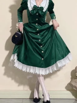 Classical Lolita Dress Velour Short Sleeves Color Block Lolita Dresses Classic Deep Blue