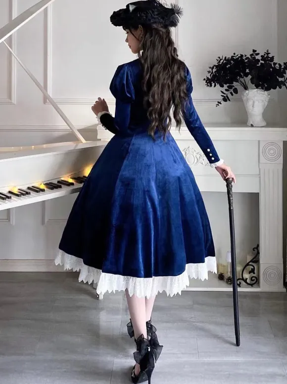 Classical Lolita Dress Velour Short Sleeves Color Block Lolita Dresses Classic Deep Blue