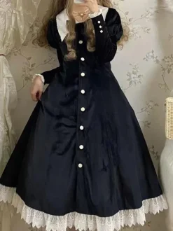 Classical Lolita Dress Velour Short Sleeves Color Block Lolita Dresses Classic Deep Blue