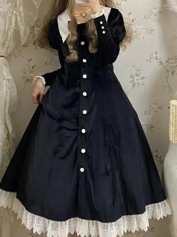 Classical Lolita Dress Velour Short Sleeves Color Block Lolita Dresses Classic Deep Blue