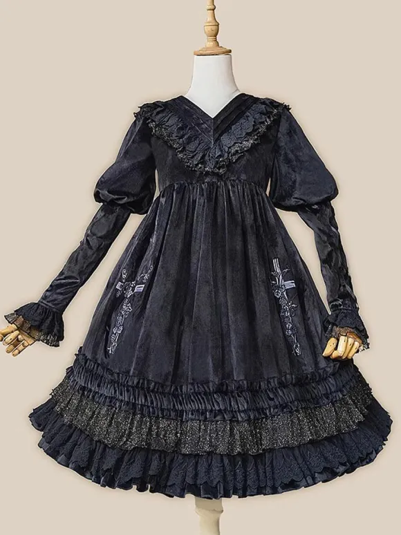 Classical Lolita Dress Velour Long Sleeves Black Lolita Dresses