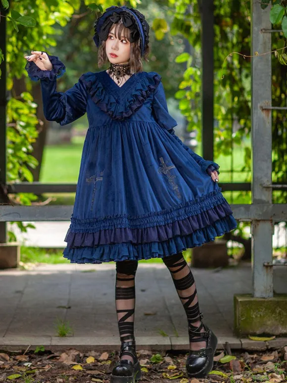 Classical Lolita Dress Velour Long Sleeves Black Lolita Dresses