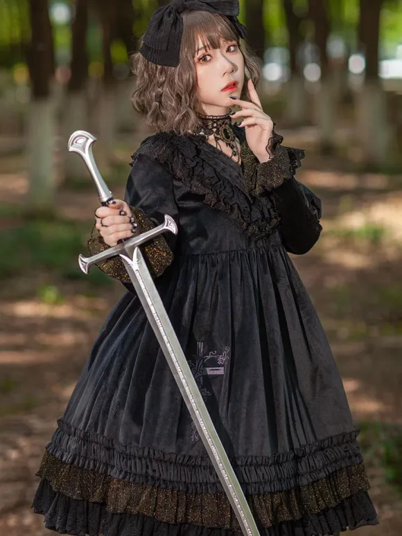 Classical Lolita Dress Velour Long Sleeves Black Lolita Dresses