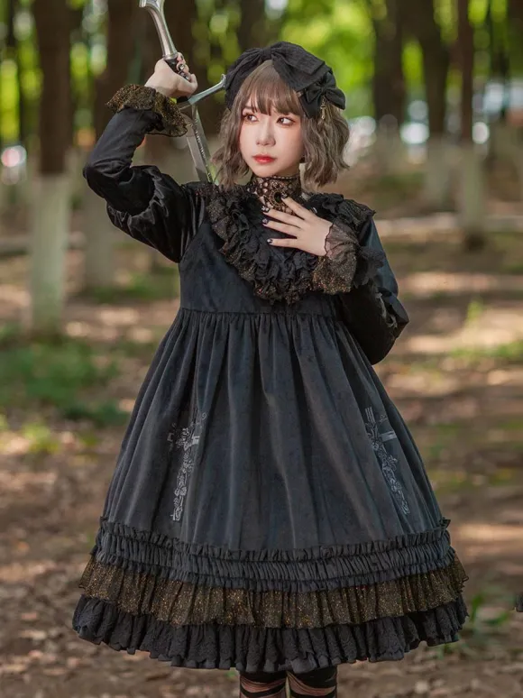 Classical Lolita Dress Velour Long Sleeves Black Lolita Dresses
