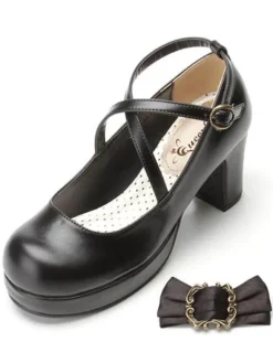 Classical Lolita Shoes Ribbon Bow Lolita Chunky Square Heels Shoes With Ankle Strap