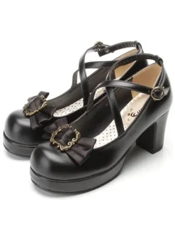 Classical Lolita Shoes Ribbon Bow Lolita Chunky Square Heels Shoes With Ankle Strap
