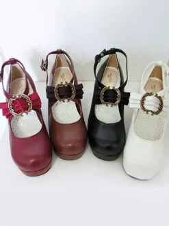 Classical Lolita Shoes Ribbon Bow Lolita Chunky Square Heels Shoes With Ankle Strap
