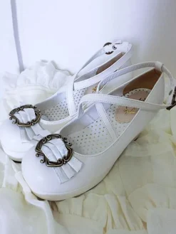 Classical Lolita Shoes Ribbon Bow Lolita Chunky Square Heels Shoes With Ankle Strap
