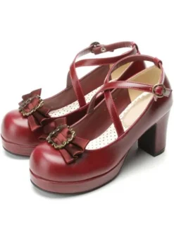 Classical Lolita Shoes Ribbon Bow Lolita Chunky Square Heels Shoes With Ankle Strap