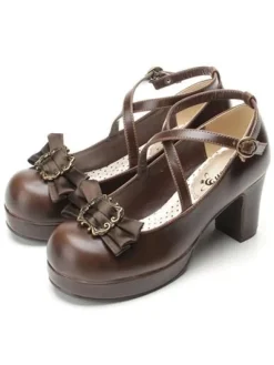 Classical Lolita Shoes Ribbon Bow Lolita Chunky Square Heels Shoes With Ankle Strap