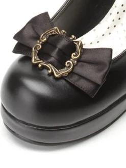 Classical Lolita Shoes Ribbon Bow Lolita Chunky Square Heels Shoes With Ankle Strap