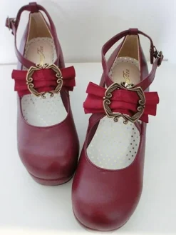 Classical Lolita Shoes Ribbon Bow Lolita Chunky Square Heels Shoes With Ankle Strap