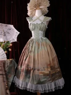 Classical Lolita Dress Chiffon Ruffles Sleeveless Lolita Dresses Floral Print Classic Blue