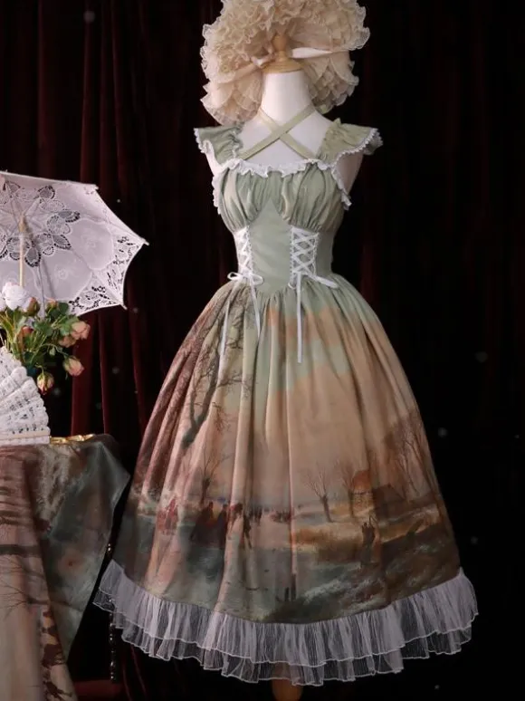 Classical Lolita Dress Chiffon Ruffles Sleeveless Lolita Dresses Floral Print Classic Blue