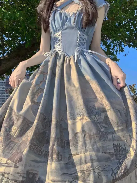 Classical Lolita Dress Chiffon Ruffles Sleeveless Lolita Dresses Floral Print Classic Blue