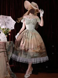 Classical Lolita Dress Chiffon Ruffles Sleeveless Lolita Dresses Floral Print Classic Blue