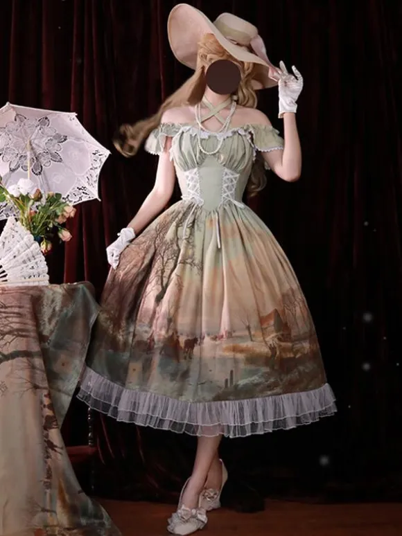 Classical Lolita Dress Chiffon Ruffles Sleeveless Lolita Dresses Floral Print Classic Blue