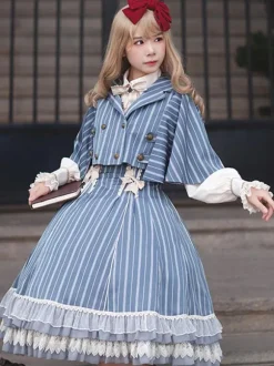 Classical Lolita Dress Cotton Bows Sleeveless Lolita Dresses Stripes Light Sky Blue