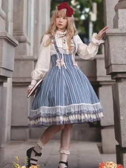 Classical Lolita Dress Cotton Bows Sleeveless Lolita Dresses Stripes Light Sky Blue