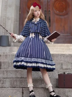 Classical Lolita Dress Cotton Bows Sleeveless Lolita Dresses Stripes Light Sky Blue