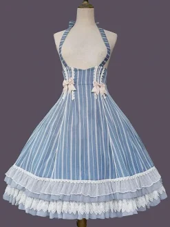 Classical Lolita Dress Cotton Bows Sleeveless Lolita Dresses Stripes Light Sky Blue