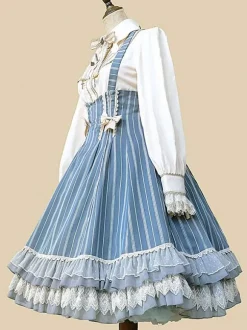 Classical Lolita Dress Cotton Bows Sleeveless Lolita Dresses Stripes Light Sky Blue
