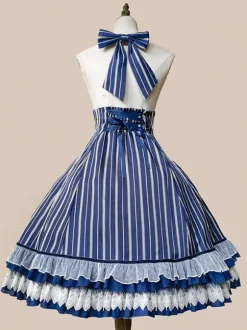 Classical Lolita Dress Cotton Bows Sleeveless Lolita Dresses Stripes Light Sky Blue