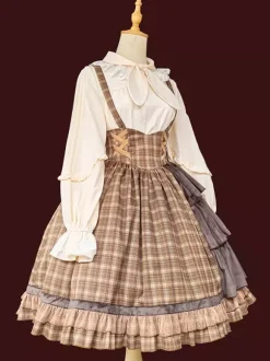 Classical Lolita Dress Cotton Ruffles Sleeveless Checkered Light Sky Blue Lolita Dresses