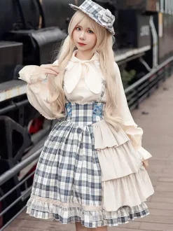 Classical Lolita Dress Cotton Ruffles Sleeveless Checkered Light Sky Blue Lolita Dresses